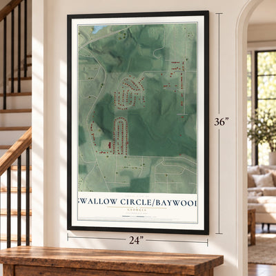 Swallow Circle-Baywood, Georgia map, 24 x 36 inch print in a black frame by a staircase
