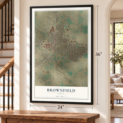 Brownfield, Texas map, 24 x 36 inch print in a black frame by a staircase
