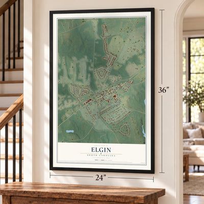 Elgin, South Carolina map, 24 x 36 inch print in a black frame by a staircase