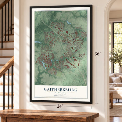 Gaithersburg, Maryland map, 24 x 36 inch print in a black frame by a staircase