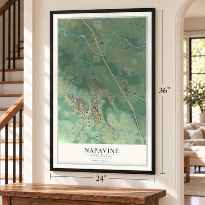 Napavine, Washington map, 24 x 36 inch print in a black frame by a staircase