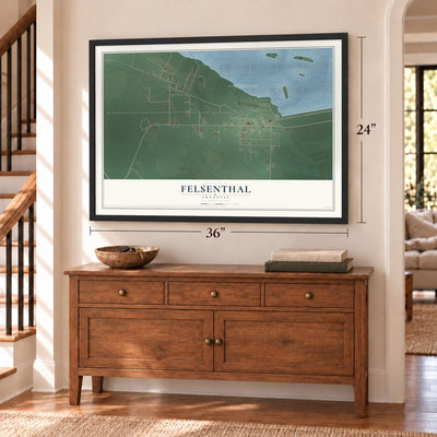 Felsenthal, Arkansas map, 24 x 36 inch print in a black frame above a dresser by a staircase