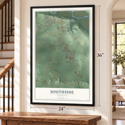 Southside, Arkansas map, 24 x 36 inch print in a black frame by a staircase
