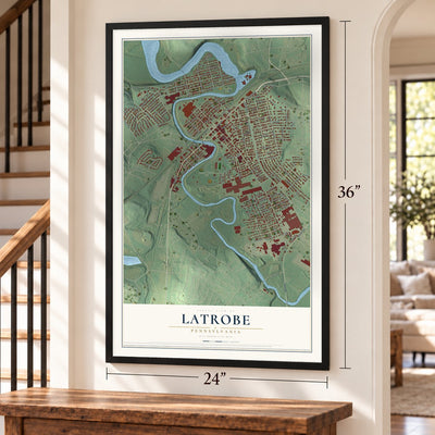 Latrobe, Pennsylvania map, 24 x 36 inch print in a black frame by a staircase