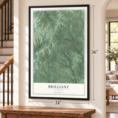 Brilliant, Alabama map, 24 x 36 inch print in a black frame by a staircase