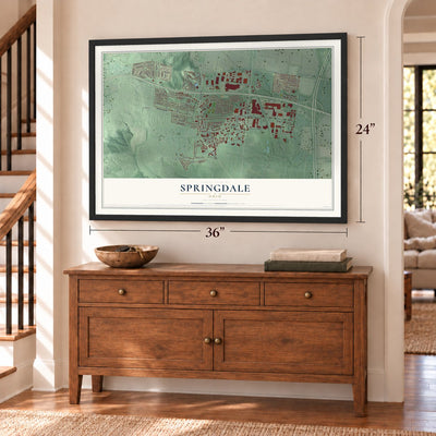 Springdale, Ohio map, 24 x 36 inch print in a black frame above a dresser by a staircase