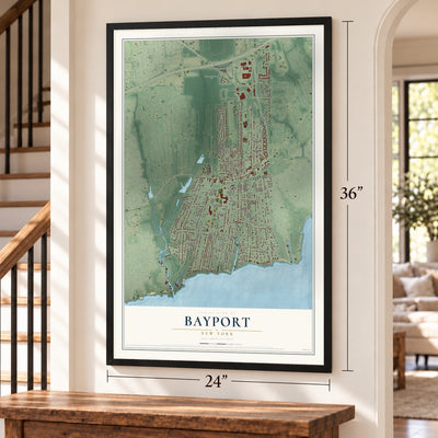 Bayport, New York map, 24 x 36 inch print in a black frame by a staircase