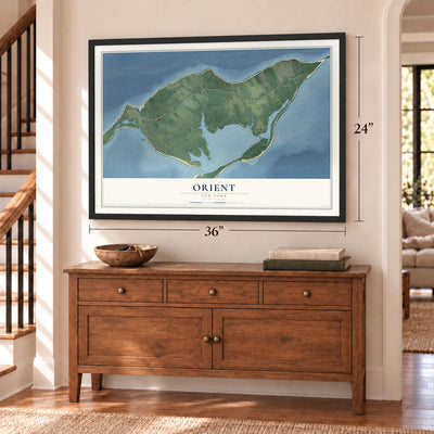 Orient, New York map, 24 x 36 inch print in a black frame above a dresser by a staircase