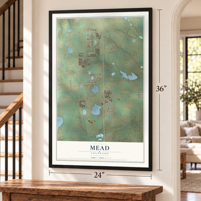 Mead, Colorado map, 24 x 36 inch print in a black frame by a staircase