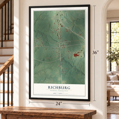 Richburg, South Carolina map, 24 x 36 inch print in a black frame by a staircase