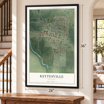 Keytesville, Missouri map, 24 x 36 inch print in a black frame by a staircase