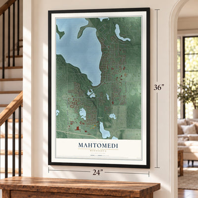 Mahtomedi, Minnesota map, 24 x 36 inch print in a black frame by a staircase