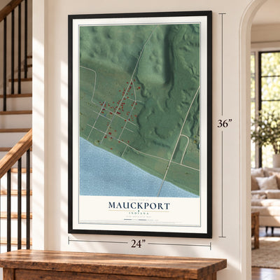 Mauckport, Indiana map, 24 x 36 inch print in a black frame by a staircase