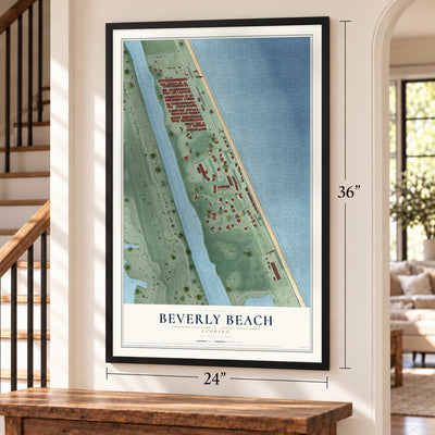 Beverly Beach, Florida map, 24 x 36 inch print in a black frame by a staircase