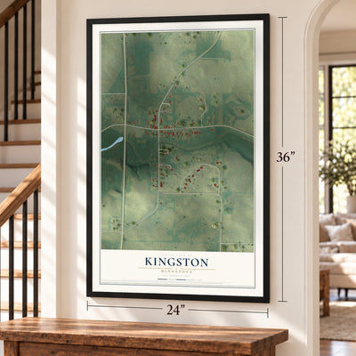 Kingston, Minnesota map, 24 x 36 inch print in a black frame by a staircase