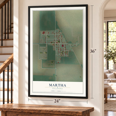 Martha, Oklahoma map, 24 x 36 inch print in a black frame by a staircase