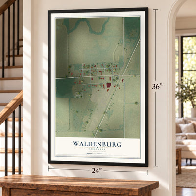 Waldenburg, Arkansas map, 24 x 36 inch print in a black frame by a staircase