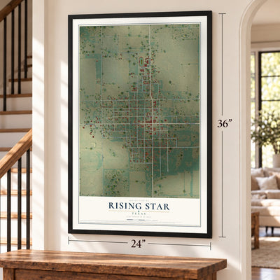 Rising Star, Texas map, 24 x 36 inch print in a black frame by a staircase