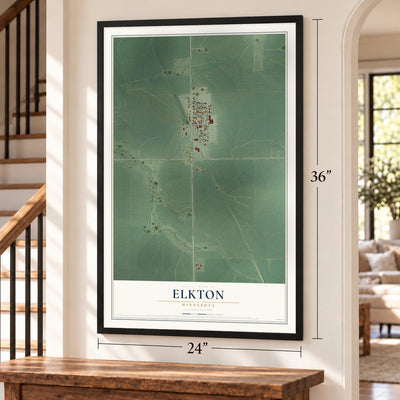 Elkton, Minnesota map, 24 x 36 inch print in a black frame by a staircase
