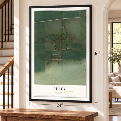 Huey, Illinois map, 24 x 36 inch print in a black frame by a staircase
