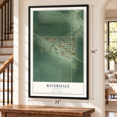 Riverdale, Nebraska map, 24 x 36 inch print in a black frame by a staircase