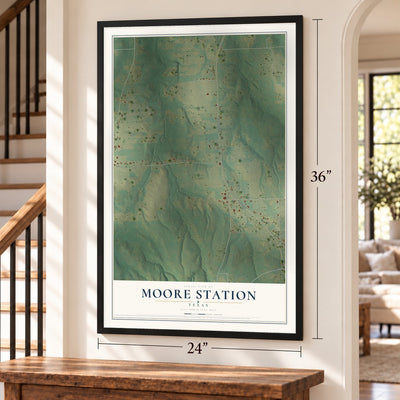 Moore Station, Texas map, 24 x 36 inch print in a black frame by a staircase