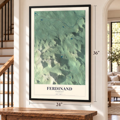 Ferdinand, Vermont map, 24 x 36 inch print in a black frame by a staircase