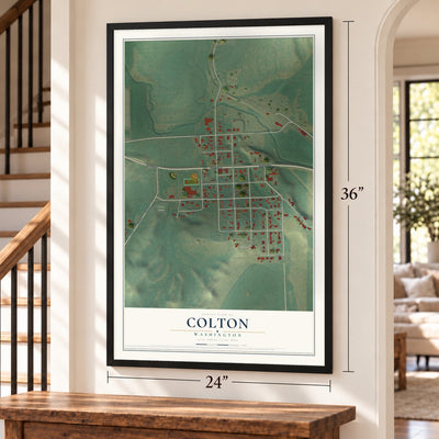Colton, Washington map, 24 x 36 inch print in a black frame by a staircase
