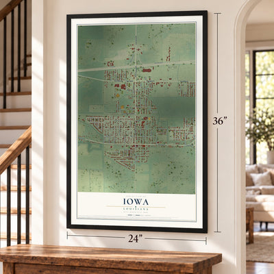 Iowa, Louisiana map, 24 x 36 inch print in a black frame by a staircase