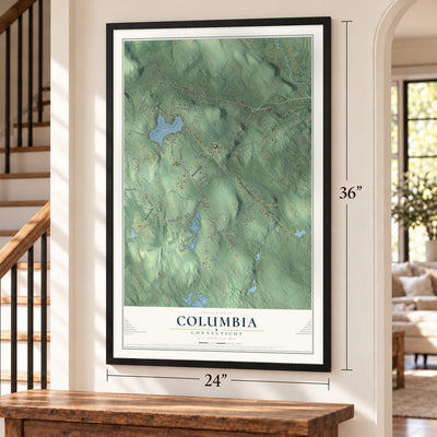 Columbia, Connecticut map, 24 x 36 inch print in a black frame by a staircase