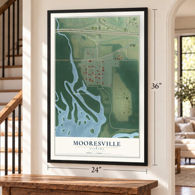 Mooresville, Alabama map, 24 x 36 inch print in a black frame by a staircase