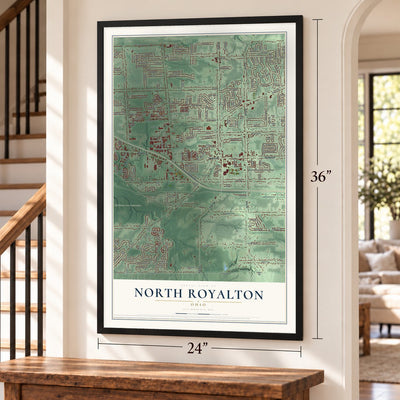 North Royalton, Ohio map, 24 x 36 inch print in a black frame by a staircase