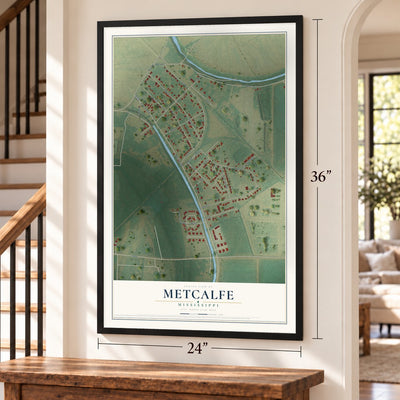 Metcalfe, Mississippi map, 24 x 36 inch print in a black frame by a staircase