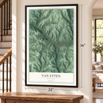 Van Etten, New York map, 24 x 36 inch print in a black frame by a staircase
