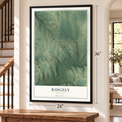 Ridgely, Missouri map, 24 x 36 inch print in a black frame by a staircase