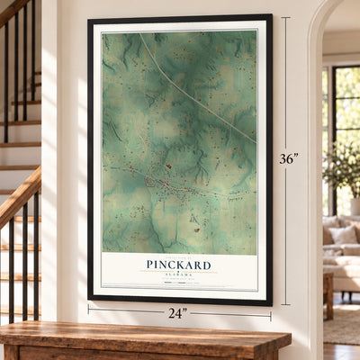 Pinckard, Alabama map, 24 x 36 inch print in a black frame by a staircase