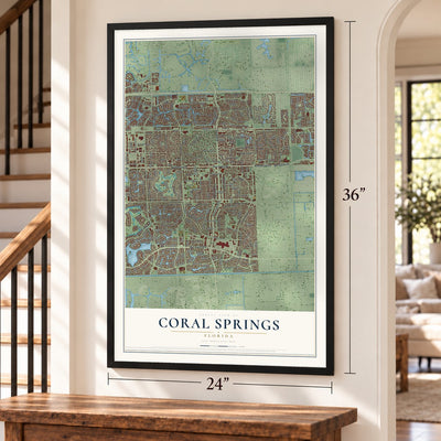 Coral Springs, Florida map, 24 x 36 inch print in a black frame by a staircase