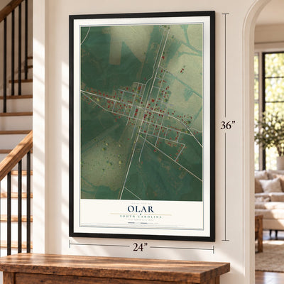Olar, South Carolina map, 24 x 36 inch print in a black frame by a staircase