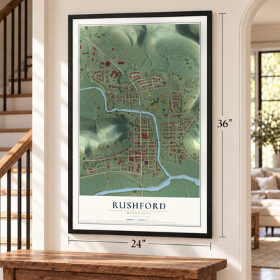 Rushford, Minnesota map, 24 x 36 inch print in a black frame by a staircase