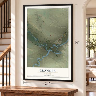 Granger, Wyoming map, 24 x 36 inch print in a black frame by a staircase
