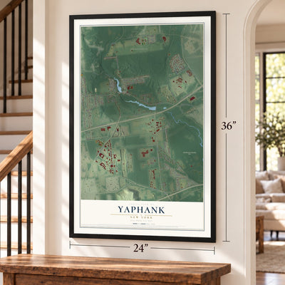 Yaphank, New York map, 24 x 36 inch print in a black frame by a staircase