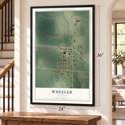 Wheeler, Illinois map, 24 x 36 inch print in a black frame by a staircase