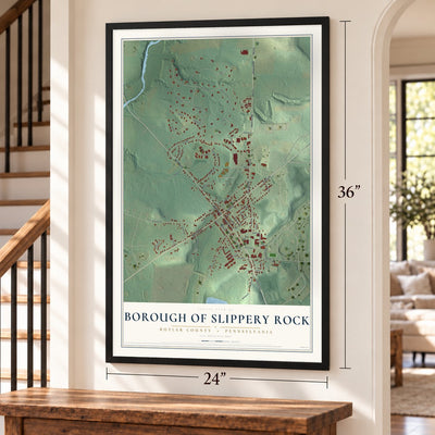 Borough of Slippery Rock, Butler County, Pennsylvania map, 24 x 36 inch print in a black frame by a staircase