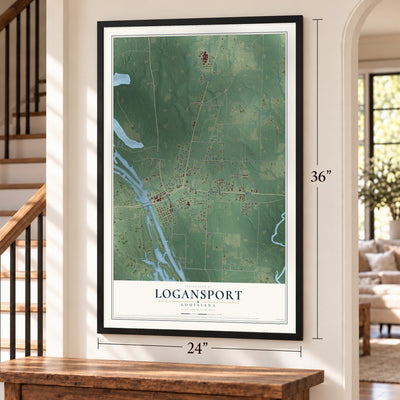 Logansport, Louisiana map, 24 x 36 inch print in a black frame by a staircase