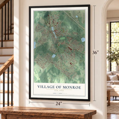 Village of Monroe, New York map, 24 x 36 inch print in a black frame by a staircase