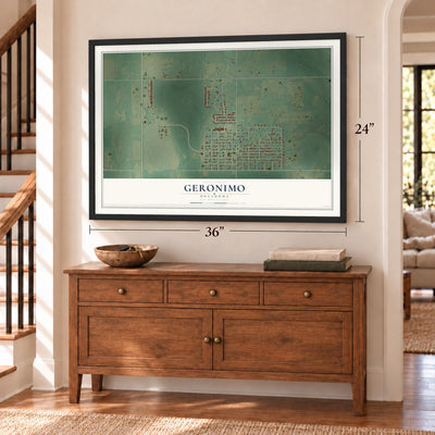 Geronimo, Oklahoma map, 24 x 36 inch print in a black frame above a dresser by a staircase