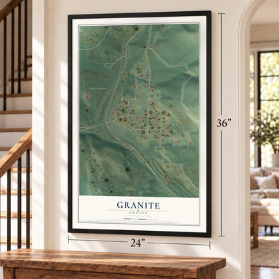 Granite, Oregon map, 24 x 36 inch print in a black frame by a staircase