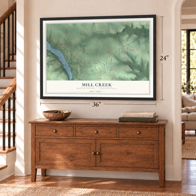 Mill Creek, Mercer County, Pennsylvania map, 24 x 36 inch print in a black frame above a dresser by a staircase