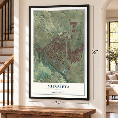 Murrieta, California map, 24 x 36 inch print in a black frame by a staircase