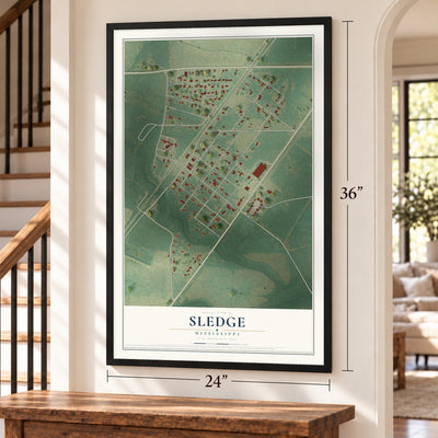Sledge, Mississippi map, 24 x 36 inch print in a black frame by a staircase